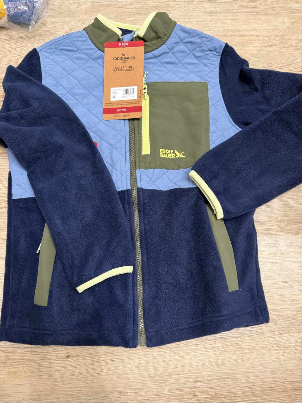 Eddie Bauer Kids Navy & Light Blue Fleece Jacket with Olive Pocket and Lime Trim